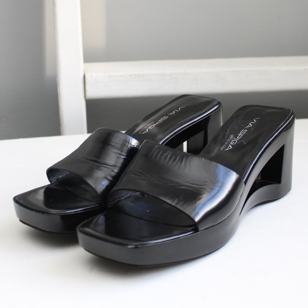 Via Spiga Black Acrylic Lucite Platform Wedge Cut-Out Heel Sandals Size 8.5 - Picture 2 of 8